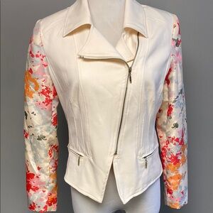 🌺 IMAN Cream & Red Floral Blazer with Asymmetrical Zipper – Size XS